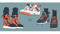 Rule 34 | absurdres, air jordan, air jordan 4, artist name, black footwear, blue background, border, commentary, english commentary, from above, from side, high tops, highres, letterboxed, nike (company), nike air force 1, no humans, orange footwear, original, platform footwear, sherl merl, shoelaces, shoes, signature, simple background, sneakers, still life, two-tone footwear, white border, white footwear