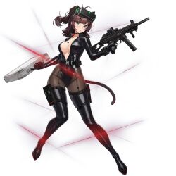 Rule 34 | 1girl, :o, ahoge, animal ear headphones, animal ears, belt, belt collar, belt pouch, black belt, black collar, black footwear, black gloves, black leotard, boots, bracelet, breasts, briefcase, brown hair, brown pantyhose, cameltoe, cat ear headphones, cat tail, check weapon, cleavage, collar, collarbone, dodging, fake animal ears, fake tail, front-seamed legwear, front zipper, full body, gloves, gluteal fold, green eyes, gun, head-mounted display, headphones, high ponytail, highleg, highres, holding, holding briefcase, holding gun, holding weapon, jewelry, knees together feet apart, laser, last origin, latex, latex boots, latex leotard, leg belt, leotard, long sleeves, looking at viewer, medium breasts, medium hair, multiple belts, official alternate costume, official art, pantyhose, pouch, seamed legwear, sidelocks, simple background, solo, standing, tachi-e, tail, thick thighs, thigh boots, thighs, third-party source, tomo (last origin), transparent background, tunamayo (dsasd751), unzipped, v-shaped eyebrows, weapon, zipper leotard