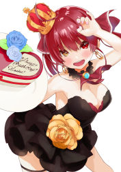 Rule 34 | 1girl, ahoge, alternate costume, anchor earrings, arm up, ascot, bare legs, birthday, birthday cake, black dress, blush, breasts, brooch, cake, cleavage, collar, commentary, cowboy shot, crown, detached collar, dress, dress flower, earrings, flower, food, frilled collar, frilled dress, frills, hair between eyes, hair ribbon, heterochromia, highres, holding, holding cake, holding food, hololive, houshou marine, jewelry, long hair, looking at viewer, medium breasts, mini crown, off-shoulder dress, off shoulder, open mouth, red ascot, red eyes, red hair, ribbon, short dress, simple background, smile, solo, thigh strap, thighs, twintails, virtual youtuber, white background, yellow eyes, yoyoshi renga