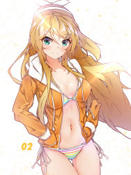 Rule 34 | 1girl, absurdres, aged up, alternate hair length, alternate hairstyle, bikini, blonde hair, blue eyes, bow, breasts, breasts apart, drawstring, future style (module), hair bow, halkawa501, hands in pockets, highres, hood, hooded jacket, jacket, kagamine rin, long hair, looking at viewer, medium breasts, multicolored bikini, multicolored clothes, navel, open clothes, open jacket, project diva (series), side-tie bikini bottom, smile, solo, striped bikini, striped clothes, summer idol (vocaloid), swimsuit, thigh gap, vocaloid, white bow