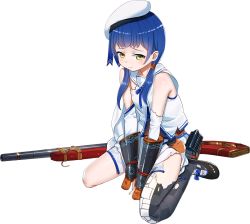 Rule 34 | 1girl, antique firearm, beret, black footwear, blue hair, blunt bangs, detached sleeves, firearm, firelock, flintlock, full body, gun, hat, imai hiyoko, looking at viewer, mary janes, nakatsu (oshiro project), official art, oshiro project:re, oshiro project:re, shoes, sitting, solo, thighhighs, torn clothes, torn thighhighs, transparent background, twintails, weapon, yellow eyes