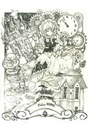 Rule 34 | 1girl, absurdres, braid, chain, chandelier, clock, clockwork, cup, expressionless, closed eyes, food, gears, highres, holding, holding tray, izayoi sakuya, lan chuan huo dao, maid, medium hair, monochrome, pastry, pen (medium), pocket watch, roman numeral, scarlet devil mansion, serving dome, skirt, solo, teacup, time clock, touhou, tray, twin braids, watch