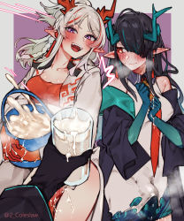 Rule 34 | 1other, 2girls, arknights, bare shoulders, black coat, black gloves, black hair, bucket, bulge, coat, cum, cum in container, cum in cup, cum on hands, cup, dragon horns, dress, drinking glass, dusk (arknights), futanari, gloves, green hair, grey background, grey hair, hair over one eye, highres, holding, holding bucket, holding cup, horns, long hair, long sleeves, looking at another, looking at viewer, mirin chikuwa, multicolored hair, multiple girls, necktie, nian (arknights), open mouth, penis, penis peek, pointy ears, pov, pov hands, purple background, purple eyes, red eyes, red hair, red necktie, streaked hair, teeth, two-tone background, upper teeth only, white dress