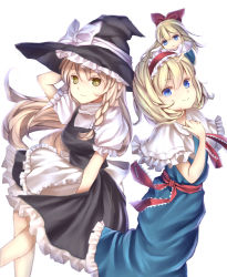 Rule 34 | 2girls, 6980 (aaaaaadka), alice margatroid, apron, arm behind head, blonde hair, blue eyes, bow, braid, capelet, doll on head, dress, hair bow, hairband, hand on own chest, hat, hat ribbon, head tilt, kirisame marisa, light frown, lolita hairband, long hair, looking at viewer, multiple girls, puffy short sleeves, puffy sleeves, ribbon, sash, shanghai doll, short hair, short sleeves, simple background, single braid, skirt, skirt set, smile, touhou, waist apron, white background, witch hat, yellow eyes