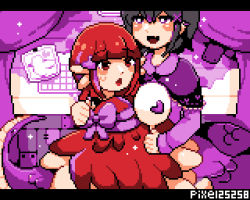 Rule 34 | 2girls, artist name, black hair, bow, commentary request, feathered wings, feathers, hand mirror, harpy, heart, holding, holding mirror, lamia, letterboxed, medium hair, mirror, monster girl, multicolored hair, multiple girls, open mouth, original, pixel25251, pixel art, purple bow, purple eyes, purple hair, red eyes, red feathers, red hair, red wings, sidelocks, streaked hair, two-tone hair, winged arms, wings