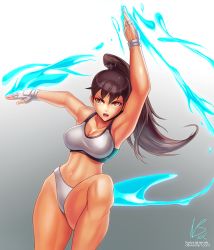 Rule 34 | 1girl, alternate costume, alternate hair length, alternate hairstyle, armpits, aura, borrowed design, bra, breasts, brown eyes, brown hair, chun-li, cleavage, fighting stance, fingerless gloves, gloves, hybridmink, large breasts, midriff, mixed martial arts, navel, ponytail, short shorts, shorts, solo, sports bra, street fighter, street fighter v, thick thighs, thighs, underwear