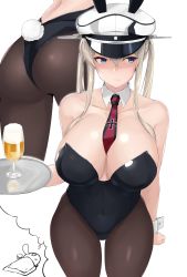 Rule 34 | absurdres, admiral (kancolle), alcohol, beer, black leotard, blue eyes, breasts, cleavage, cross, cup, detached collar, drinking glass, graf zeppelin (kancolle), hair between eyes, hat, highres, iron cross, kantai collection, large breasts, leotard, maruyaa (malya1006), military hat, multiple views, necktie, pantyhose, peaked cap, playboy bunny, sidelocks, strapless, strapless leotard, tray, twintails, white background, white hat, wine glass, wrist cuffs