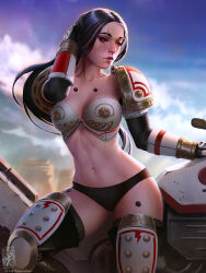 Rule 34 | 1girl, adeptus astartes, armor, artist name, bikini armor, black hair, blue sky, boots, breasts, brown eyes, brown hair, cleavage, closed mouth, cloud, cloudy sky, collarbone, highres, lips, long hair, medium breasts, motor vehicle, motorcycle, navel, outdoors, pauldrons, scar, scar across eye, scar on face, shoulder armor, sky, solo, space marine, stomach, themaestronoob, thigh boots, warhammer 40k, white scars