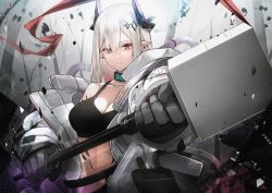Rule 34 | 1girl, arknights, bare shoulders, black choker, black gloves, breasts, choker, cleavage, cno, collarbone, commentary request, crop top, gloves, hair between eyes, hammer, highres, holding, holding hammer, holding weapon, horns, large breasts, long hair, looking at viewer, material growth, midriff, mudrock (arknights), mudrock (elite ii) (arknights), navel, off shoulder, oripathy lesion (arknights), pointy ears, red eyes, revision, silver hair, solo, sports bra, stomach, upper body, weapon