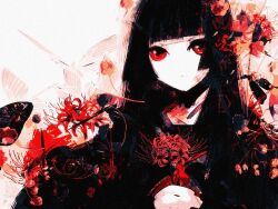 Rule 34 | 1girl, black hair, blunt bangs, bug, butterfly, closed mouth, enma ai, flower, hair flower, hair ornament, hime cut, insect, jigoku shoujo, long hair, looking at viewer, red eyes, red flower, solo, spider lily, unf (unotfound 404), upper body
