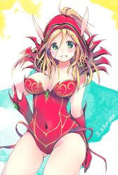 Rule 34 | 1girl, airmisuzu, arm at side, armor, blonde hair, blood elf (warcraft), blush, breasts, breasts apart, cleavage, closed mouth, collarbone, covered navel, cowboy shot, diamond (shape), elbow gloves, elf, eyelashes, facing away, gem, gloves, gluteal fold, green eyes, grin, hair between eyes, hand on own hip, high ponytail, hood, hood up, legs apart, leotard, long eyebrows, long hair, looking at viewer, pointy ears, red gloves, red leotard, shoulder pads, smile, solo, standing, tareme, teeth, valeera sanguinar, warcraft, world of warcraft