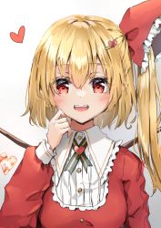 Rule 34 | 1girl, :d, alternate costume, blonde hair, blush, bow, brooch, crystal, flandre scarlet, frilled shirt collar, frills, gradient background, grey background, hair between eyes, hair ornament, hairclip, hand up, heart, heart hair ornament, highres, holding, jewelry, long hair, long sleeves, looking at viewer, no headwear, one side up, open mouth, red eyes, red vest, shironeko yuuki, shirt, simple background, smile, solo, touhou, upper body, vest, white shirt, wings