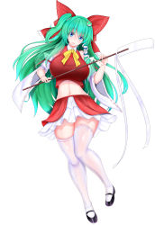 Rule 34 | 1girl, absurdres, ascot, bow, breasts, cosplay, costume switch, detached sleeves, frilled bow, frills, frog hair ornament, gohei, green eyes, green hair, hair bow, hair ornament, hair tubes, hakurei reimu, hakurei reimu (cosplay), highres, japanese clothes, kochiya sanae, kou (inaba), large breasts, long hair, miko, miniskirt, navel, nontraditional miko, red bow, ribbon-trimmed sleeves, ribbon trim, shirt, sidelocks, skirt, skirt set, sleeveless, sleeveless shirt, snake hair ornament, thick thighs, thighhighs, thighs, touhou, white thighhighs, wide sleeves, yellow ascot