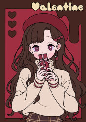 Rule 34 | 1girl, beret, border, brown border, brown hair, brown shirt, brown skirt, chocolate, commentary, covered mouth, earrings, gift, hair ornament, hat, heart, heart hair ornament, highres, holding, holding gift, jewelry, long hair, long sleeves, looking at viewer, nail polish, neki (wakiko), original, parted bangs, purple eyes, red background, red hat, red nails, shirt, skirt, sleeves past wrists, solo, sweater, turtleneck, turtleneck sweater, valentine, very long hair