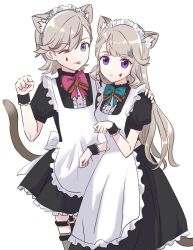 Rule 34 | 1boy, 1girl, alternate costume, animal ears, apron, aqua bow, aqua bowtie, black dress, bow, bowtie, breasts, brother and sister, brown bow, brown bowtie, cat ears, cat girl, cat tail, chame gnsn, crossdressing, dress, enmaided, expressionless, facial mark, frilled wrist cuffs, frills, garter straps, genshin impact, grey hair, grey thighhighs, hand on another&#039;s shoulder, highres, kemonomimi mode, long hair, looking at viewer, lynette (genshin impact), lyney (genshin impact), maid, maid apron, maid headdress, male maid, one eye closed, paw pose, puffy short sleeves, puffy sleeves, purple eyes, red bow, red bowtie, short hair, short sleeves, siblings, small breasts, smile, star (symbol), star facial mark, tail, teardrop facial mark, thighhighs, tongue, tongue out, white apron, white background, wrist cuffs