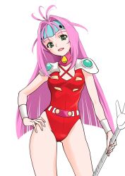 Rule 34 | 1girl, absurdres, breasts, green eyes, guitar, hair intakes, hashiguchi takashi, highres, instrument, leotard, long hair, looking at viewer, macross, macross 7, mylene jenius, open mouth, pink hair, red leotard, simple background, small breasts, smile, solo, white background
