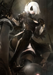 Rule 34 | 1girl, absurdres, black dress, black gloves, black thighhighs, blindfold, breasts, cleavage, dress, gloves, hairband, highres, holding, holding sword, holding weapon, kanmiya shinobu, light smile, mole, mole under mouth, nier (series), nier:automata, short hair, solo, sword, thighhighs, weapon, white hair, 2b (nier:automata)