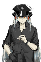 Rule 34 | 1girl, absurdres, arknights, bad id, bad pixiv id, black gloves, black hat, black pants, black shirt, bracer, cigarette, closed mouth, collared shirt, commentary, dragon horns, gloves, hat, highres, holding, holding cigarette, horns, long hair, looking at viewer, official alternate costume, orange eyes, pants, police hat, saria (arknights), saria (the law) (arknights), shirt, simple background, single glove, sleeves rolled up, solo, symbol-only commentary, upper body, white background, white hair, zy (zyyyyyyy9)