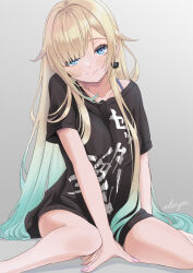 Rule 34 | 1girl, absurdres, aizawa ema, aqua hair, artist name, black shirt, blonde hair, blue eyes, breasts, breasts squeezed together, cat earrings, clothes writing, gradient background, gradient hair, hair flaps, hair over one eye, head tilt, highres, large breasts, long hair, looking at viewer, multicolored hair, mussan, nail polish, shirt, short sleeves, sitting, smile, solo, t-shirt, very long hair, virtual youtuber, vspo!, wariza