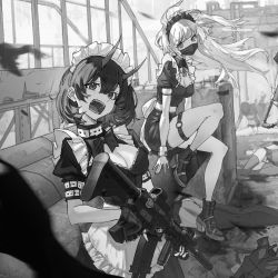 Rule 34 | 6+girls, arm belt, blood, bloody weapon, bow, breasts, building, cable, cleavage, death, eyelashes, film grain, fingerless gloves, fingernails, frills, gloves, greyscale, gun, hair between eyes, high heels, highres, holding, holding gun, holding weapon, horns, industrial pipe, long hair, lying, maid, maid headdress, mask, monochrome, mouth mask, multiple girls, o-ring, o-ring thigh strap, on side, open mouth, original, outdoors, panties, puffy sleeves, purple z, railing, ribbon, scope, scratches, short hair, sickle, sitting, skirt, spread legs, stairs, sticker, teeth, thigh strap, tongue, torn, torn clothes, underwear, weapon, wind