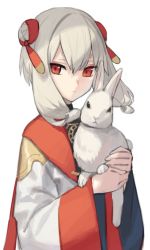 Rule 34 | 1girl, chorefuji, closed mouth, commentary request, eyelashes, hair between eyes, hair ornament, hair ribbon, hands up, holding animal, holding rabbit, long hair, long sleeves, orange eyes, original, own hands together, rabbit, ribbon, simple background, white background, white hair, wide sleeves