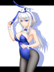 Rule 34 | 1girl, ahoge, animal ears, blue eyes, bow, bowtie, detached collar, duel monster, fake animal ears, long hair, milla the temporal magician, mira the eternal magician, pantyhose, pataneet, playboy bunny, rabbit ears, rabbit tail, solo, tail, white hair, wrist cuffs, yu-gi-oh!, yu-gi-oh! duel monsters