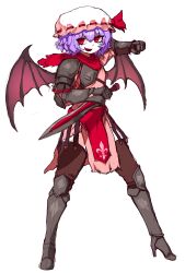 Rule 34 | 1girl, absurdres, alternate costume, armor, armored boots, armored gloves, bat wings, boots, bow, clenched hand, fang, hat, highres, holding, holding sword, holding weapon, knee guards, leather, leather pants, looking to the side, mob cap, open mouth, pants, purple hair, red bow, red eyes, red scarf, remilia scarlet, ribbon-trimmed headwear, ribbon trim, scarf, short hair, short sword, shoulder armor, simple background, solo, sword, tekaaluk, touhou, weapon, white background, wings