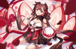 Rule 34 | :p, bare legs, bare shoulders, brown eyes, brown hair, cake, chinese clothes, chinese commentary, food, fork, fruit, highres, holding, holding cake, holding food, holding fork, honkai (series), honkai impact 3rd, kneeling, li sushang, li sushang (jade knight), long hair, looking at viewer, official alternate costume, rabbit, red headwear, strawberry, tongue, tongue out, very long hair, yichensang