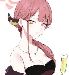 Rule 34 | 1girl, alternate hairstyle, aru (blue archive), bare shoulders, blue archive, blunt bangs, breasts, champagne flute, cleavage, closed mouth, collarbone, cup, demon horns, drinking glass, earrings, hair over shoulder, halo, highres, horns, inotukuhito, jewelry, large breasts, looking at viewer, necklace, pink hair, ponytail, sidelocks, solo, upper body, white background, yellow eyes