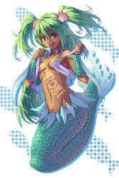 Rule 34 | 1girl, bandeau, breasts, green hair, highres, jewelry, long hair, mermaid, michairu, monster girl, muromi-san, namiuchigiwa no muromi-san, navel, necklace, red eyes, seashell, shell, small breasts, solo, tan, tanline, tongue, twintails, two side up, undressing