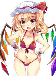 Rule 34 | 1girl, bat wings, bikini, blonde hair, breasts, cowboy shot, crystal, e.o., fang, flandre scarlet, frilled bikini, frills, front-tie top, hands on own hips, hat, highres, leaning forward, looking at viewer, mob cap, red bikini, red eyes, short hair, side ponytail, small breasts, solo, standing, swimsuit, thigh gap, touhou, wings, wrist cuffs