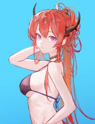 Rule 34 | 1girl, alternate costume, arknights, arm up, bare arms, bare shoulders, bikini, black bikini, black choker, blue background, breasts, choker, closed mouth, demon horns, from side, gnai, halterneck, highres, horns, long hair, looking at viewer, looking to the side, medium breasts, pink eyes, ponytail, pout, red hair, sideboob, simple background, skindentation, solo, strap gap, string bikini, surtr (arknights), swimsuit, upper body