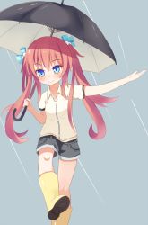 Rule 34 | 1girl, bad id, bad pixiv id, blue eyes, boots, cupen, highres, long hair, original, red hair, rubber boots, solo, twintails, umbrella