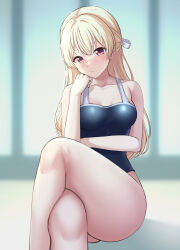 Rule 34 | 1girl, :t, absurdres, arm across waist, bang dream!, bare arms, bare legs, bare shoulders, blonde hair, blue one-piece swimsuit, blurry, blurry background, breasts, closed mouth, collarbone, commentary request, crossed arms, feet out of frame, hair between eyes, hair ribbon, half updo, hand on own chin, hand up, head rest, head tilt, highres, indoors, long hair, looking at viewer, medium breasts, one-piece swimsuit, ptal, purple eyes, ribbon, school swimsuit, shirasagi chisato, sitting, solo, swimsuit, white ribbon