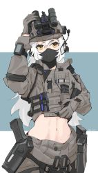 Rule 34 | 1girl, abs, absurdres, gloves, goggles, goggles on headwear, gun, handgun, hazo, helmet, highres, holster, holstered, long hair, looking at viewer, magazine (weapon), mask, military, military operator, military uniform, mouth mask, navel, night vision, original, solo, uniform, watch, weapon, white hair, wristwatch, yellow eyes