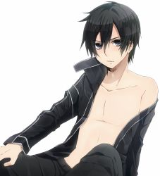Rule 34 | 10s, 1boy, bad id, bad nicoseiga id, bare pectorals, belt, black eyes, black hair, black jacket, collarbone, jacket, keita (tundereyuina), kirito, male focus, off shoulder, open clothes, open jacket, pants, parted lips, pectorals, short hair, simple background, solo, sword art online, topless male, white background