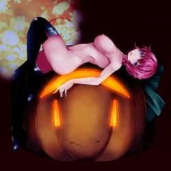 Rule 34 | 1girl, aoshima, ass, black footwear, boots, breasts, collarbone, commentary request, female focus, full body, halloween, highres, jack-o&#039;-lantern, large breasts, lips, looking at viewer, lying, nipples, nude, on back, pink hair, pumpkin, purple eyes, saigyouji yuyuko, short hair, smile, solo, thigh boots, thighhighs, thighs, tongue, tongue out, touhou
