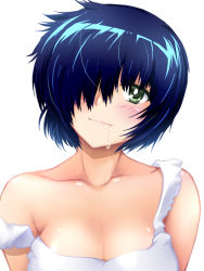Rule 34 | 1girl, bare shoulders, black hair, blush, breasts, cleavage, collarbone, dha, drooling, female pervert, green eyes, hair over one eye, head tilt, large breasts, looking at viewer, nazo no kanojo x, off shoulder, pervert, saliva, saliva trail, shiny skin, short hair, simple background, smile, solo, strap slip, upper body, urabe mikoto