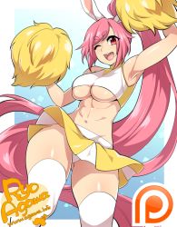 Rule 34 | 1girl, ;d, ;f, abs, agawa ryou, animal ears, arm up, armpits, artist name, bad id, bad tumblr id, breasts, cheerleader, curvy, eyebrows, gluteal fold, large breasts, long hair, looking at viewer, midriff, miniskirt, navel, one eye closed, open mouth, original, panties, patreon, pink eyes, pink hair, pom pom (cheerleading), ponytail, rabbit ears, skirt, sleeveless, smile, solo, thick eyebrows, thighhighs, underboob, underwear, very long hair, watermark, web address, white panties, white thighhighs, wide hips