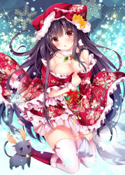 Rule 34 | 1girl, :o, amelie-san (nogi takayoshi), animal, antlers, bare shoulders, bell, black cat, black hair, blush, boots, breasts, cat, choker, cleavage, floral print, fur-trimmed boots, fur trim, hat, horns, japanese clothes, jingle bell, kimono, kneeling, long hair, long sleeves, looking at viewer, medium breasts, mob cap, neck bell, nogi takayoshi, off shoulder, open mouth, original, purple hair, red eyes, red footwear, sack, santa boots, sidelocks, snowflakes, solo, sparkle, thighhighs, very long hair, white thighhighs, wide sleeves, wrist cuffs