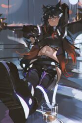 Rule 34 | 1girl, abs, absurdres, alcohol, alternate costume, ambience synesthesia, animal ears, arknights, arm behind head, belt, belt buckle, black footwear, black gloves, black hair, black jacket, black shirt, boots, breasts, buckle, cigarette, clothing cutout, cmdr saturn, cropped jacket, cropped shirt, crossed legs, cup, drinking glass, electronic cigarette, feet on table, gloves, gradient hair, highres, holding, holding cigarette, jacket, latex, latex pants, long hair, long sleeves, looking at viewer, medium breasts, midriff, midriff peek, multicolored hair, navel, partially fingerless gloves, red eyes, red hair, shirt, shoe soles, sitting, skin tight, smoke, smoking, solo, strap, texas (arknights), thigh cutout, whiskey, wide hips, wolf ears