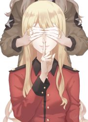 Rule 34 | 10s, 2girls, blonde hair, bomber jacket, character request, covering another&#039;s eyes, darjeeling (girls und panzer), finger to mouth, girls und panzer, hair down, highres, jacket, kay (girls und panzer), long hair, multiple girls, neiigal, shushing, smile, white background