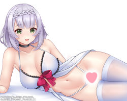 Rule 34 | babydoll, braid, breasts, censored, fanbox username, frills, gabriel evangel, genshin impact, green eyes, grey hair, heart, heart censor, highres, large breasts, lingerie, looking at viewer, navel, noelle (genshin impact), paid reward available, patreon username, ribbon, short hair, signature, simple background, smile, thighhighs, underwear, white background, white thighhighs