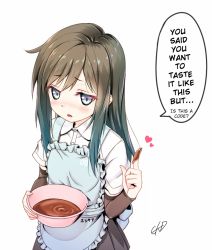 Rule 34 | 1girl, apron, arm warmers, asashio (kancolle), black hair, blue eyes, blush, bowl, chocolate, chocolate making, chocolate on hand, commentary, food on hand, gotou hisashi, hard-translated, holding, holding bowl, kantai collection, long hair, looking at viewer, nose blush, pink apron, pleated skirt, shirt, short sleeves, simple background, skirt, solo, third-party edit, translated, twitter username, upper body, valentine, white background, white shirt