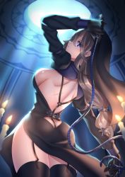 Rule 34 | 1girl, ass, backless dress, backless outfit, blue eyes, breasts, brown hair, candle, commentary request, detached sleeves, dress, from behind, garter straps, gloves, habit, hair between eyes, hair ornament, highres, holding, holding whip, long hair, long sleeves, looking at viewer, low ponytail, medium breasts, neit ni sei, original, scar, scar on back, shiny skin, solo, thighhighs, thighs, upper body, whip