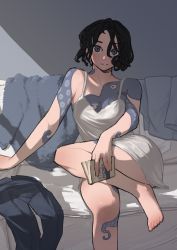 Rule 34 | 1girl, absurdres, artist name, black hair, book, couch, female focus, hair between eyes, highres, holding, holding book, looking at viewer, nightgown, octopus, octopus tattoo, original, pueblo, short hair, solo, tattoo, wavy hair