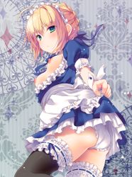 Rule 34 | 1girl, apron, artoria pendragon (all), artoria pendragon (fate), blonde hair, blush, breasts, breasts out, fate/stay night, fate (series), frills, green eyes, konomi (kino konomi), maid, maid apron, maid headdress, nipples, official alternate costume, panties, saber (fate), small breasts, solo, thighhighs, underwear