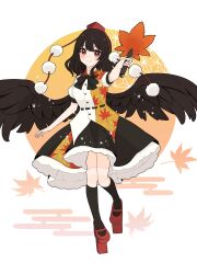 1girl asumi276 bird_wings black_bow black_bowtie black_hair black_skirt black_wings blush bow bowtie closed_mouth collared_shirt commentary_request feathered_wings geta hat hauchiwa highres leaf_print looking_at_viewer multicolored_clothes multicolored_shirt multicolored_skirt pom_pom_(clothes) red_eyes red_footwear red_hat shameimaru_aya shirt short_sleeves skirt smile solo tengu-geta tokin_hat touhou white_shirt wings