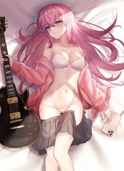 Rule 34 | 1girl, atychi, bare shoulders, black skirt, blue eyes, blush, bocchi the rock!, bra, breasts, cellphone, cleavage, cube hair ornament, electric guitar, feet out of frame, from above, gotoh hitori, guitar, hair ornament, head tilt, highres, holding, holding instrument, instrument, jacket, long hair, long sleeves, looking to the side, lying, medium breasts, miniskirt, navel, on back, open clothes, open jacket, open skirt, panties, phone, pink hair, pink jacket, pleated skirt, side-tie panties, skirt, sleeves past wrists, smartphone, solo, stomach, strap slip, string panties, thighs, underwear, untied panties, very long hair, white bra, white panties