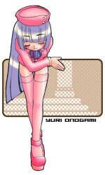 Rule 34 | 1girl, ascot, blue ascot, blue hair, blush, bowing, closed eyes, hat, jacket, long sleeves, looking at viewer, onogami yuri, pink footwear, pink hat, pink jacket, pink thighhighs, shoes, smile, standing, thighhighs, uniform, usamirui, white background